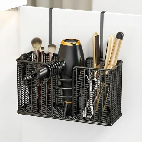 Lot de 2 supports de rangement pour outils capillaires – 1 version autocollante et 1 version cintre, métal noir, pour sèche-cheveux, fer à friser et accessoires (1/5)