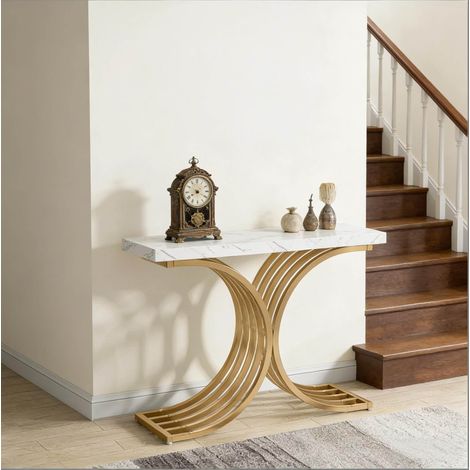 Consola de recibidor (100x30x80 cm), diseño elegante, tablero efecto mármol, metal dorado, blanco (1/5)