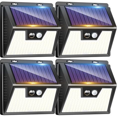 Lot de 4 Lampe Solaire Exterieur Detecteur de Mouvement, 176 LED Lumiere Extérieur IP65 Étanche Spot Solaire 3 Modes Eclairage Exterieure, Projecteur Extérieure pour Jardin Garage, Blanc Froid (1/5)
