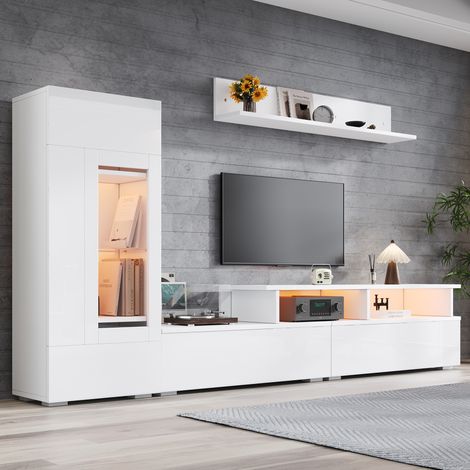 Combinación de mueble TV de pared con iluminación LED Incluye 1 mueble de TV, 1 vitrina de salón y 1 estante de pared color blanco (1/5)