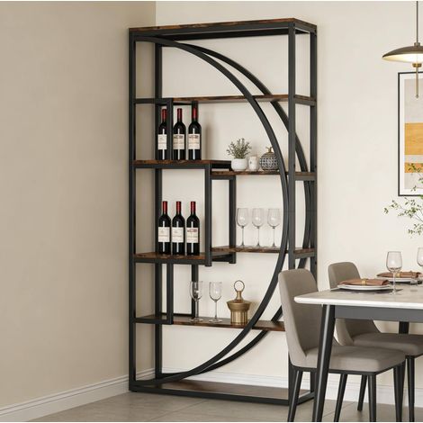 REDOM Estantería (80x30x179 cm), 6 niveles, 8 huecos abiertos, diseño geométrico, metal y madera, negro y marrón rústico (1/5)