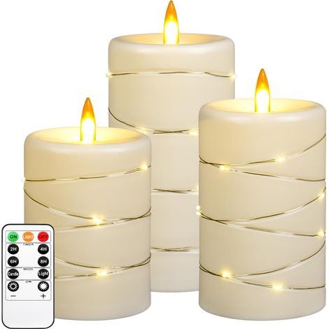 Bougie sans flamme avec lampe féerique encastrée, bougie à flamme dynamique sur piles avec minuterie et télécommande, lot de 3 pièces (1/5)