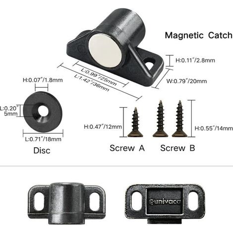 Set di 4 magneti neri per ante di armadi con viti, chiusure magnetiche in lega di zinco, magnete potente per ante, cassetti, armadi, finestre e mobili. (1/4)