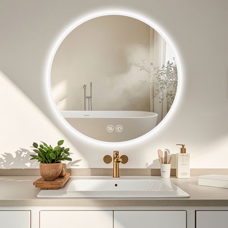 Miroir lumineux rond 70 cm mural, anti-buée, éclairage ajustable 3 couleurs et gradation d'intensité, miroir de toilette pour chambre et salle de bain, décoration moderne.