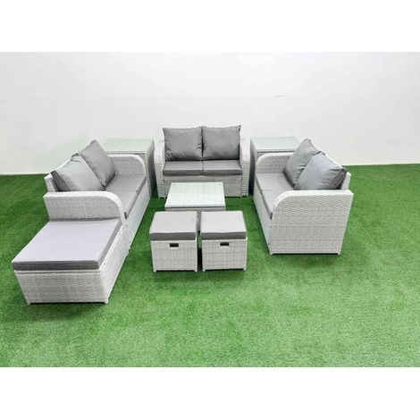 Fimous  9 Seater PE Wicker Rattan Furniture Sofa Sets with Square Coffee Table 2 Seater Love Sofa 3 Stool 2 Side Table Light Grey (1/4)