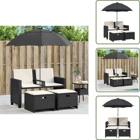 Canapé de jardin 2 places avec parasol et tabourets noir rotin - Canapé De Jardin - Canapés De Jardin - Canapé D’extérieur - Siège De Jardin (1/5)
