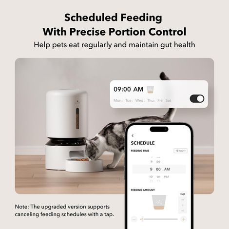 Distributeur automatique de croquettes pour chat et chien avec contrôle via application smartphone, programmable et anti-blocage, capacité 5L pour une alimentation précise et contrôlée, design herméti