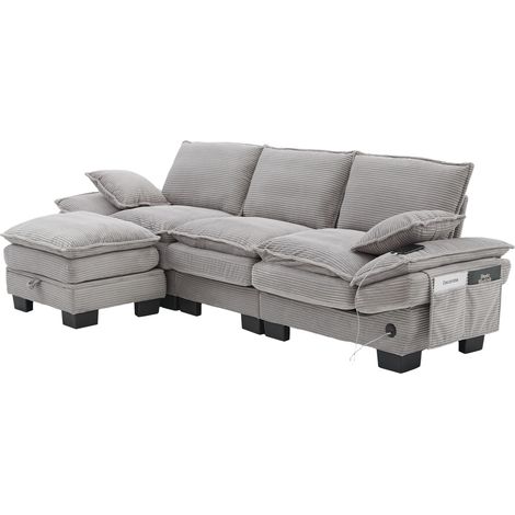 Canapé 3 places modulable en cord – 1 pouf inclus, assise ergonomique, mousse haute densité, poches latérales – gris clair, pour salon ou bureau (1/5)