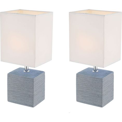 2er Set Tischleuchten GERI Fuß Keramik Grau mit Stoffschirm Weiß, Höhe 29cm (1/3)