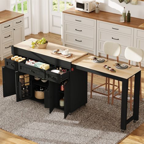 Îlot de cuisine extensible sur roulettes, table de bar avec coin repas, étagère à épices et tiroirs, mobile et autoportant, noir (1/5)