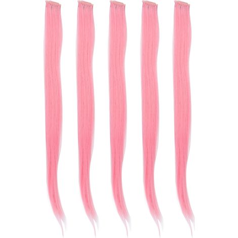 Lot de 5 extensions de cheveux raides et colorés à clipser, rose clair, pour fêtes et cosplay. (1/5)