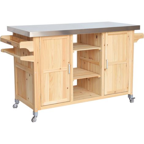 130 cm fir wood barbecue sideboard with handles, 4 wheels and 7 storage spaces, L 130 x W 60 x H 89.5cm