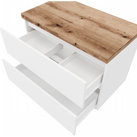 Meuble de salle de bain suspendu 80 cm en bois blanc brillant et plateau en chêne naturel avec vasque et miroir - Civo - Con colonna specchio e lavabo rettangolare - Accessorio: Con specchio e lavabo 