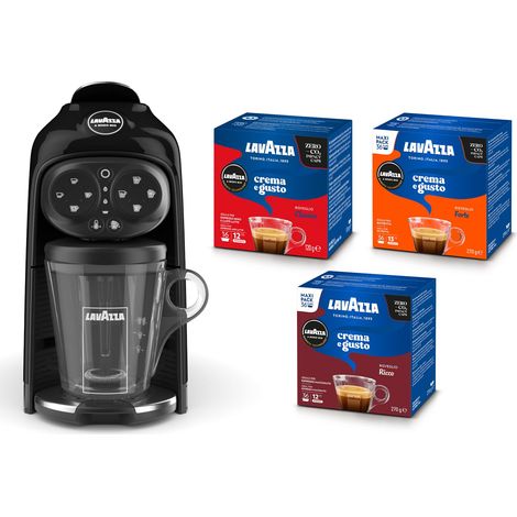 Lavazza, A Modo Mio Macchina per Caffè Deséa Black con 88 Capsule Crema e Gusto Assortite, Macchina per Espresso 1500 W, 220-240 V, 50/60 Hz, Capacità Max 10 Capsule di Caffè e 1.1 Litri d'Acqua