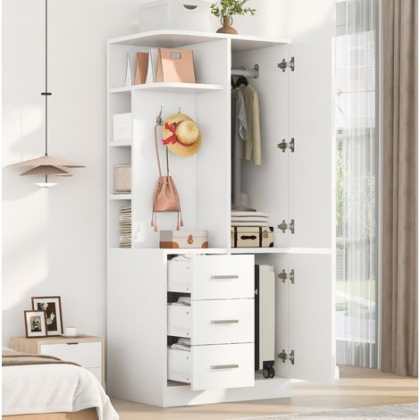 Armoire 1 porte 70x50x170 cm avec penderie, 3 tiroirs, étagères et crochets pour chambre, bois blanc (1/5)