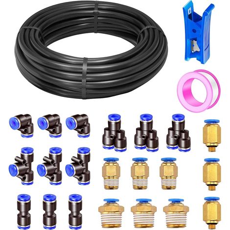 20 m Polyurethane Pneumatic Hose 8 mm Black PU Air Hose, 21 Pneumatic Connector 5 mm (3 Straight, 3 Elbows, 3 T-Connectors, 3 Y Separators, 9 Male Threaded Fittings) (1/5)