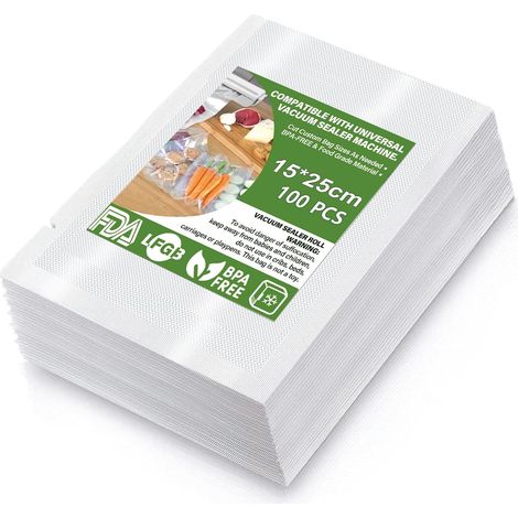Sac Sous Vide Alimentaire,Sacs à Faire le Vide d'air Gaufrés Convient à Tous Machine Sous Vide,pour la Conservation des Aliments et la Cuisson,Sans BPA(100 Sachets,15 x 25cm) (1/5)
