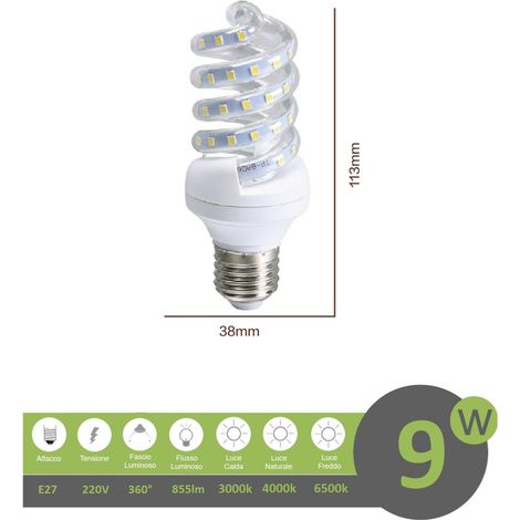 Lampadina led E27 9w tortiglione vortice luce spirale attacco grande bianca fredda naturale calda  Naturale 4000k (1/2)
