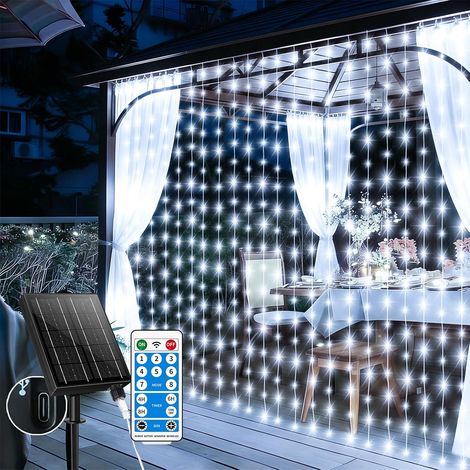 Rideau lumineux solaire, 3x3M 300 LED guirlande lumineuse, chaîne de lumières solaires avec 8 modes & temporisateur et mémoire, Rideau Lumineux für Noël (1/5)