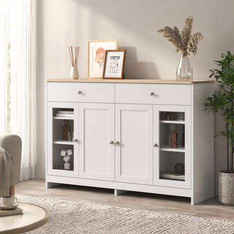 Credenza 120 x 37 x 80 cm, 4 ante, 2 cassetti, ante in vetro, bianco effetto legno DESVIAE (1/5)