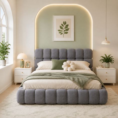 Lit double rembourré 140x190cm avec sommier, Lit Bubble avec dossier moelleux, lit plat avec bordure rembourrée, lin gris