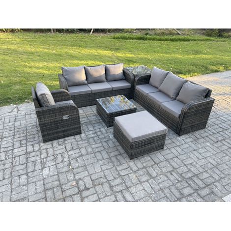 Fimous Salon de jardin exterieur avec Canapés Table basse carrée Chaise inclinable Grand tabouret Table d'appoint Gris foncé mixte (1/5)