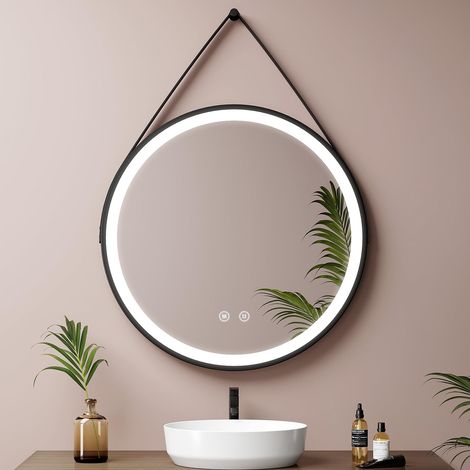 Miroir de Salle de Bain Rond 60 cm, Miroir Mural Rond avec lumière, Interrupteur Tactile et Fonction Anti-buée, lumière Blanche Froide 6500 K, Cadre Noir et Sangle réglable (1/5)