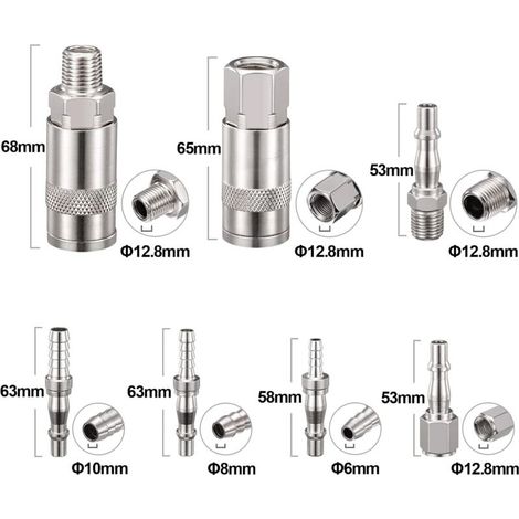 Paquete de 12 conectores para mangueras de aire de 6,35 mm con roscas macho y hembra, racores para líneas de aire con boquilla para mangueras de 6, 8 y 10 mm. (1/3)