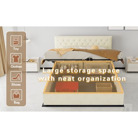 Lit coffre 160x200 cm en velours beige, rangement gain de place, avec matelas – MEUBLIV (1/5)
