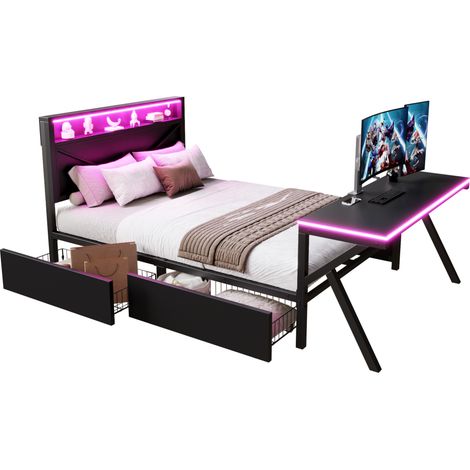 Letto matrimoniale 140x200 cm in MDF e metallo nero con scrivania LED e 2 cassetti - CHICFURN (1/5)