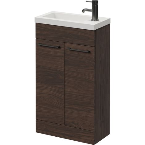 Napoli 250 Brown Oak 500mm 2 Door Vanity Unit with Square Silvo Basin - 500mm - Gunmetal Grey 160mm Handle