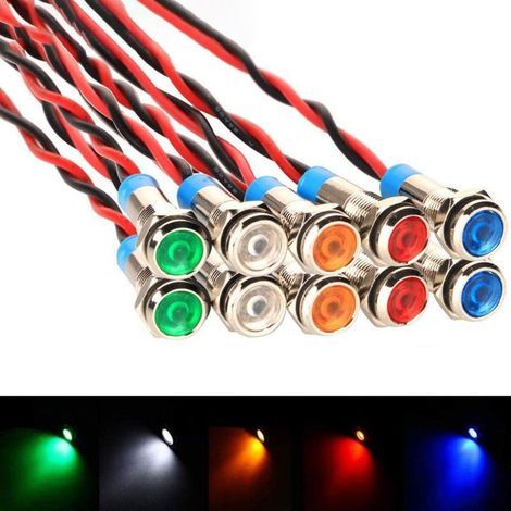 10pcs AC/DC 12-24V 6mm Voyant LED en Métal,Diode Ampoule LED Câblé,LED Indicateur Panneau Pilote Témoin d'avertissement pour Van,Bateau et Autres Véhicules Universels (1/5)