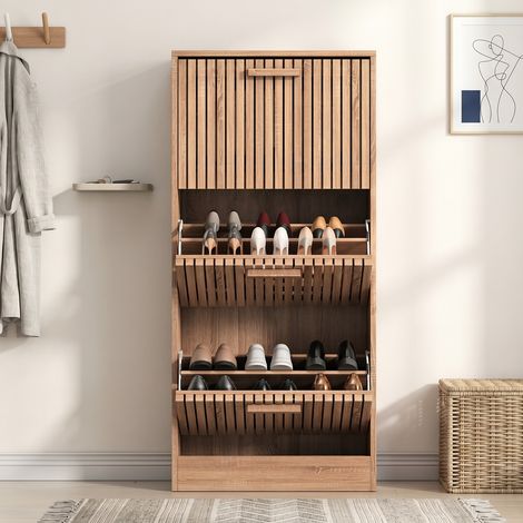 Schuhschrank aus Holz 60x24x113 cm, schmal, Schuhkipper für den Flur mit atmungsaktiven Klappen und Kippschutz, natürlicher Stil, Eiche hell (1/5)