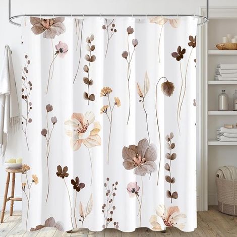 Rideau de douche – Fleurs aquarelles – Brun et beige – 180x180 cm – Imperméable – Moderne (1/5)