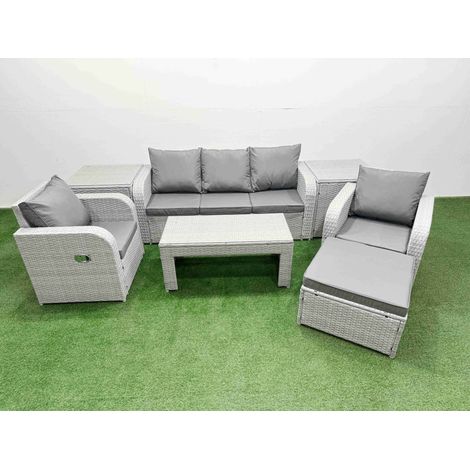 Fimous PE Rattan Garden Furniture Set Reclining Chair Sofa Lounge Sofa Set Rectangular Coffee Table 2 Side Table Big Footstool Light Grey (1/4)