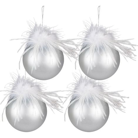 Lot de 4 Boules de Noël en Verre Argenté et Plumes Décoratives pour Sapin 10 cm - PANGIVO (1/2)