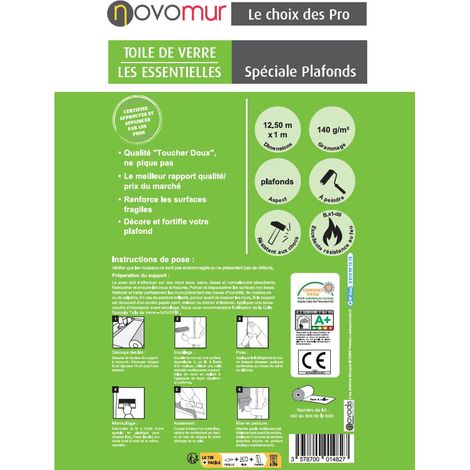 Toile de verre à peindre spéciale plafond 140g/m² – Dimensions 12,5m x 1m – Résistante aux fissures et impacts – Application facile sans plis – Novomur (1/2)