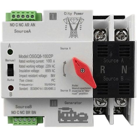 Petit inverseur de source automatique ATS 100 A/125 A bipolaire, montage sur rail DIN, prise européenne 100 A. (1/5)