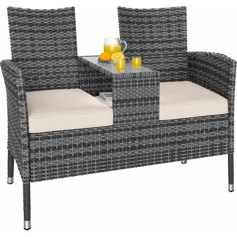 Casaria Banco Doble para Jardín Poliratán Acero 143 x 55 x 88cm Mesa WPC Cofre y Cojines Soporta Hasta 320Kg Para Exteriores Resiste Rayos UV Fácil de Limpiar Gris