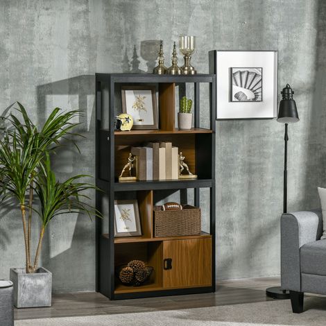 Bibliothèque ouverte à quatre niveaux avec armoire. En aggloméré et MDF. 76,5 x 30 x 150 cm. Marron et noir. (1/5)