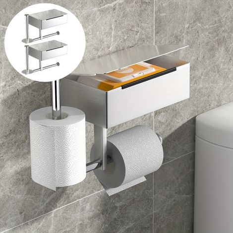 Lot de 2 porte-rouleaux de lingettes muraux argenté pour salle de bain, support pour téléphone portable, humides (1/5)