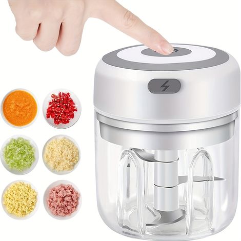 Mini trituradora de ajos eléctrica, trituradora de ajos eléctrica inalámbrica, extractor de ajos, picadora de ajos, prensa de ajos, trituradora de ajos doméstica (blanca) 250 ml (1/4)