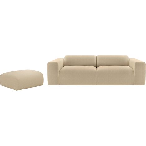 Canapé 3 places et pouf en tissu côtelé fines côtes beige POGNI de Maison Céphy (1/5)
