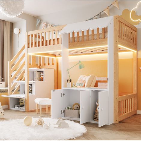 Etagenbett 90x200 cm aus Holz mit Stauraumtreppe, Ablagefächern und mehrfarbiger LED-Beleuchtung (1/5)