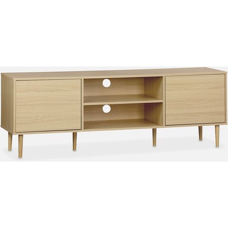 Mueble TV efecto madera con 2 niveles y 2 puertas,160cm