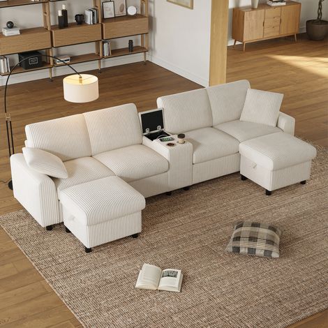 Divano a U in velluto a coste con 2 pouf contenitore, beige DESVIAE (1/5)