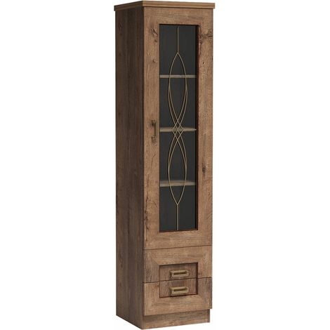 Estantería Lircava 108, Roble de lefkada, Cerrable, Con cajones, Con puertas, Aglomerado laminado, Vidrio, Número de puertas: 1, Número de cajones: 2, 191x46x44cm (1/4)