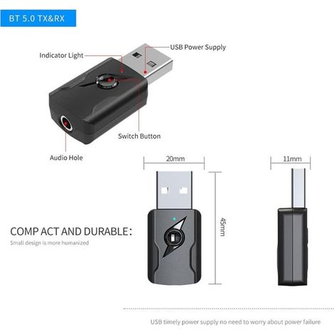 Adaptateur USB Bluetooth 5.0,Clé Bluetooth,Adaptateur Bluetooth Récepteur émetteur Audio 5.0 avec Câble Audio de 3,5 mm pour PC/TV/Voiture/Haut-parleurs/MP3/Système Audio Domestique/Casque (1/4)