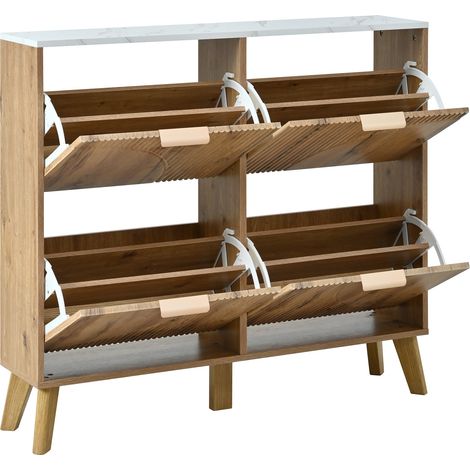 Scarpiera con 4 ante a ribalta effetto legno, piano effetto marmo, gambe in legno, colore naturale (1/5)