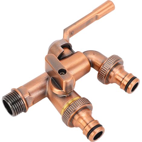 Doppelter Messingwasserhahn mit 3/4-Zoll-Zulauf und zwei 25-mm-Auslässen, 2-Wege-Gartenschlauchverteiler, Farbe: Antikrot-Kupfer (1/5)